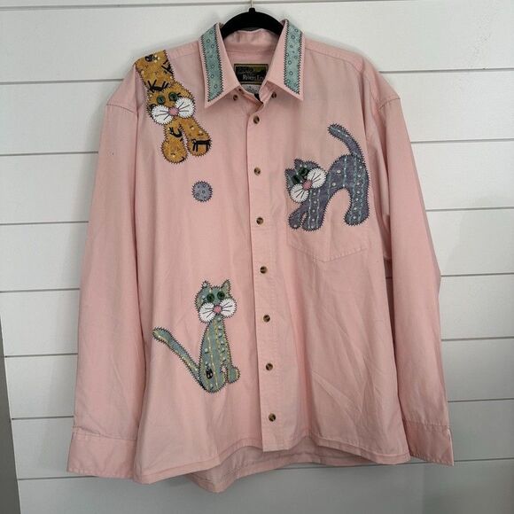 Vintage Rivers End Mens Large Button Down Long Sleeve Shirt Cat Pink Embroidered - Picture 1 of 4